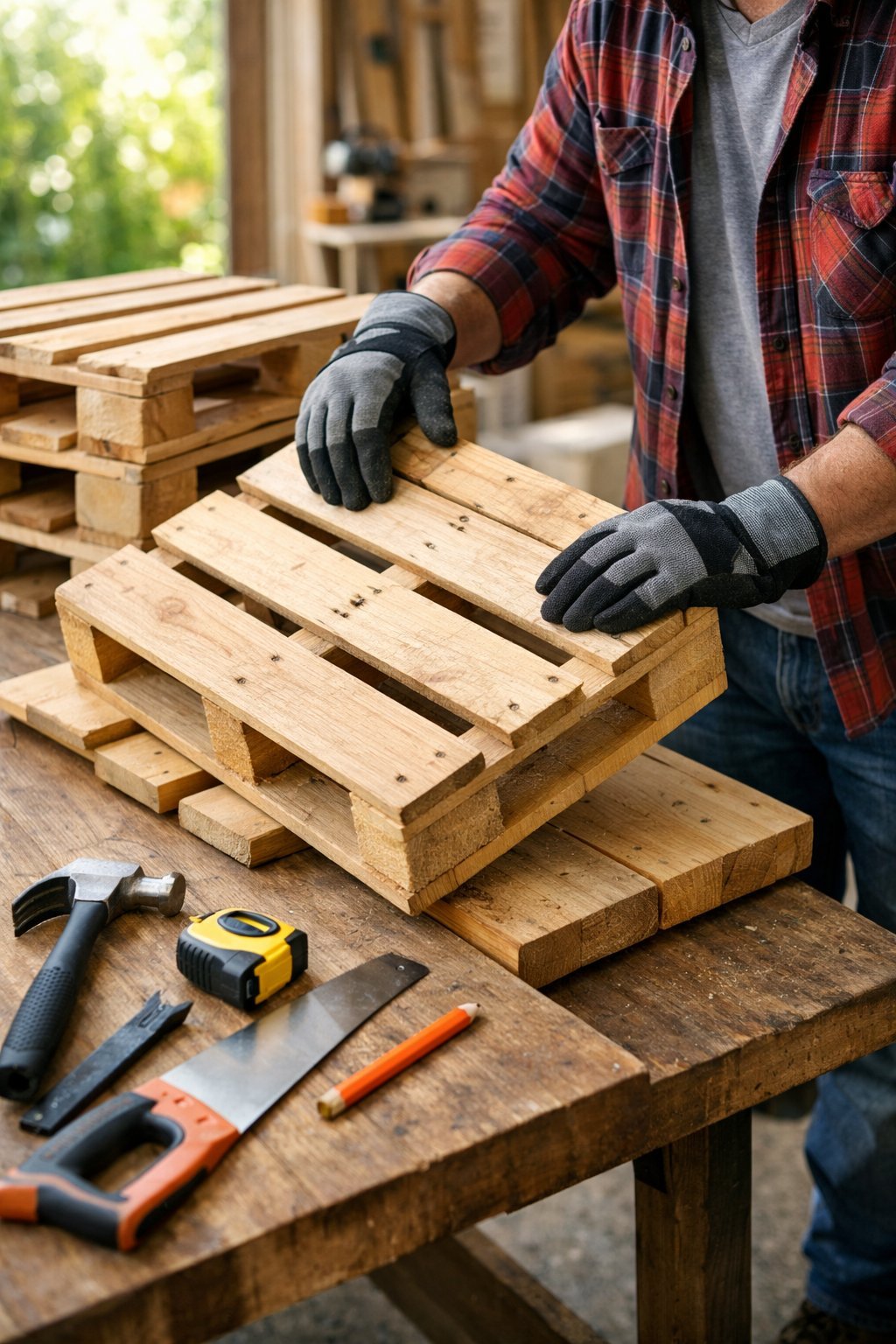 Pallet Dog House: Easy DIY Plans to Build a Cozy Home for Your Furry Friend A person inspecting wooden pallets in a workshop to prepare them for building a dog house.