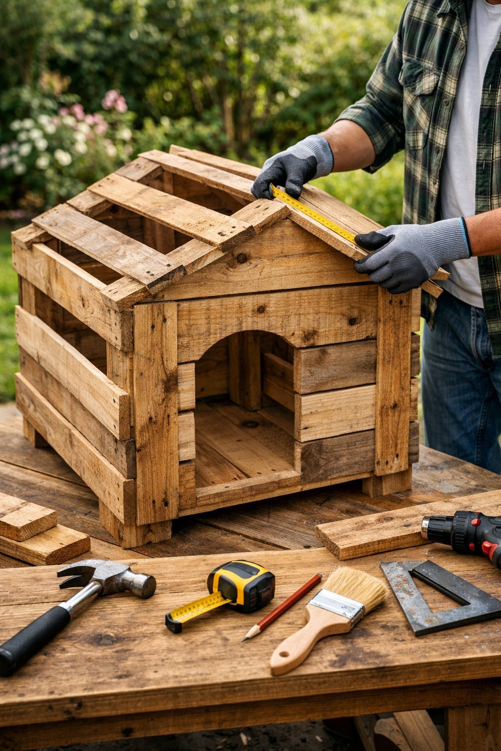 Pallet Dog House: Easy DIY Plans to Build a Cozy Home for Your Furry Friend A person assembling a wooden pallet dog house outdoors with tools and garden plants in the background.