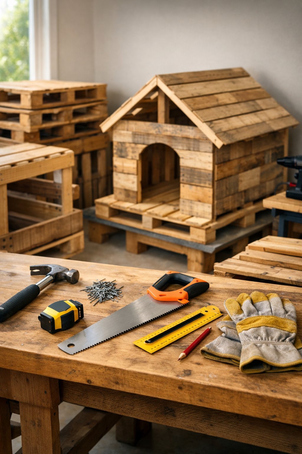Pallet Dog House: Easy DIY Plans to Build a Cozy Home for Your Furry Friend A workspace with wooden pallets, tools, and a partially built dog house made from pallets.