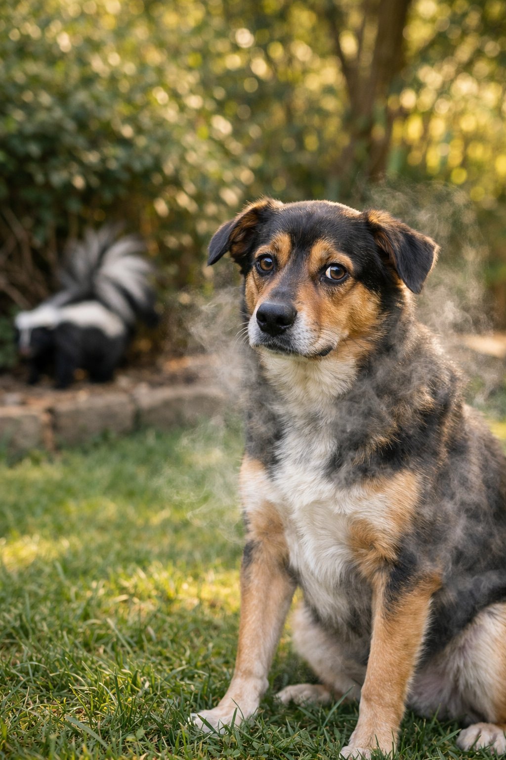 Skunk Smell Out of Dog: Fast and Effective Home Remedies That Actually Work A dog sitting outside in a backyard with a skunk nearby and a faint mist around the dog’s fur.
