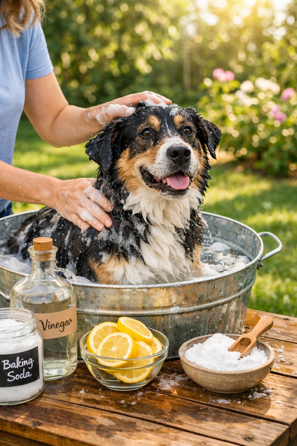 Skunk Smell Out of Dog: Fast and Effective Home Remedies That Actually Work A person washing a dog outdoors with natural home remedy ingredients nearby in a sunny backyard.