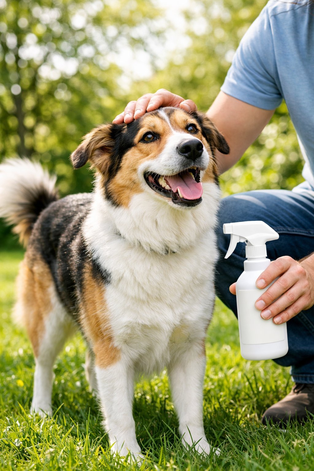 Skunk Smell Out of Dog: Fast and Effective Home Remedies That Actually Work A happy dog standing on grass outdoors next to a person holding a bottle of skunk odor removal product.