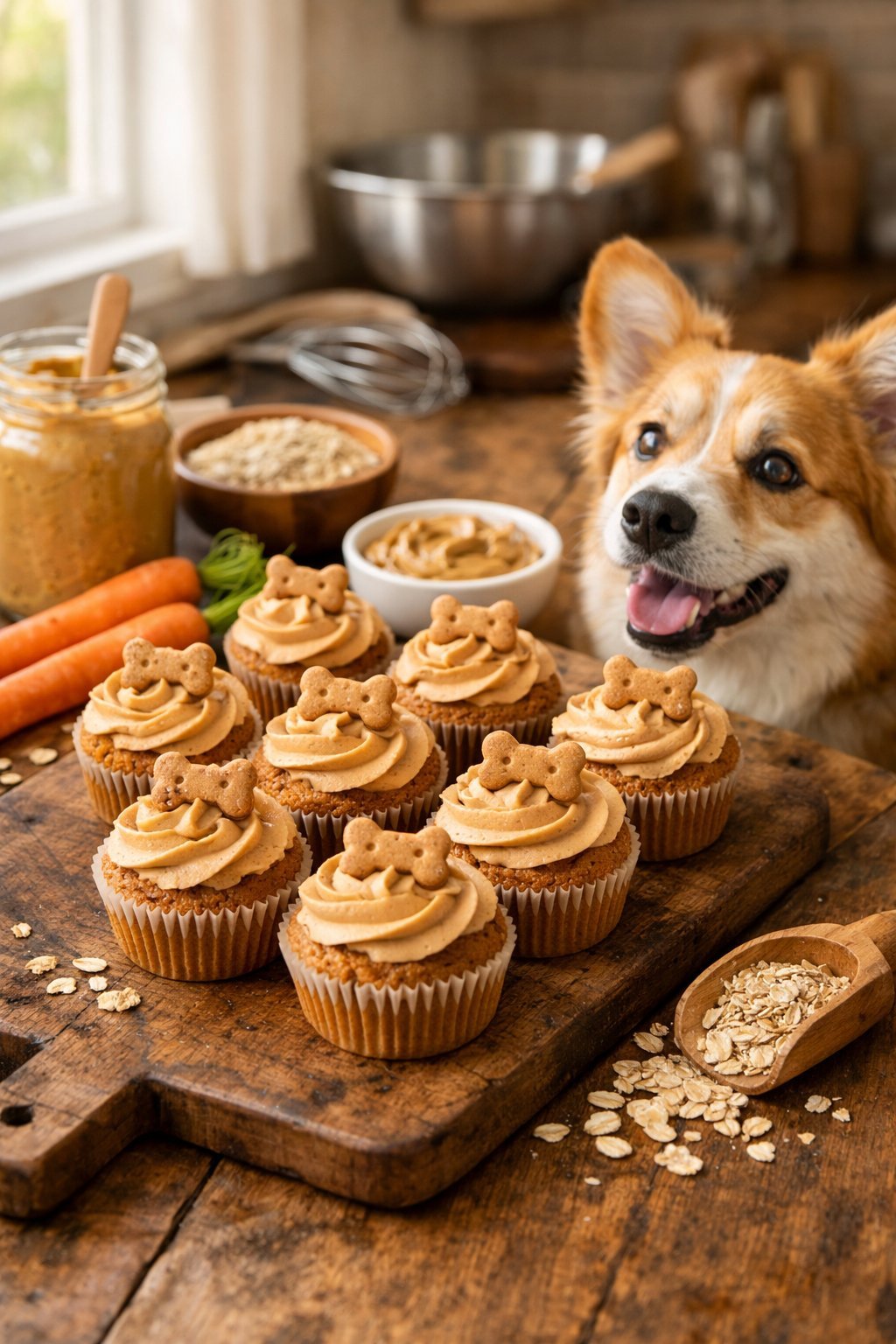 Dog Cupcake Recipe: Easy Homemade Treats Your Pup Will Love Freshly baked dog cupcakes on a wooden table with natural ingredients nearby and a dog looking at them in a kitchen.