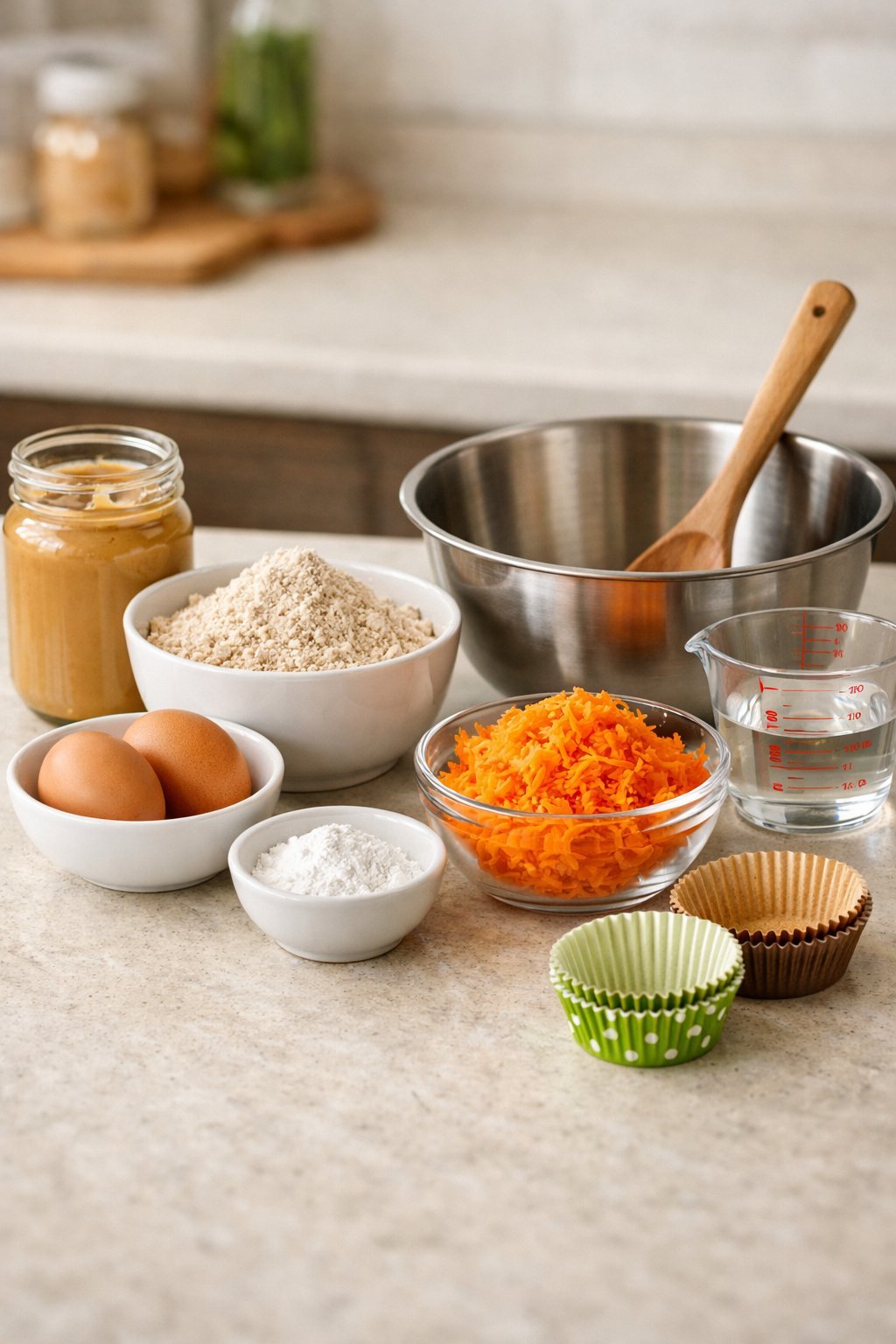 Dog Cupcake Recipe: Easy Homemade Treats Your Pup Will Love A kitchen countertop with ingredients and tools for making dog cupcakes arranged neatly.