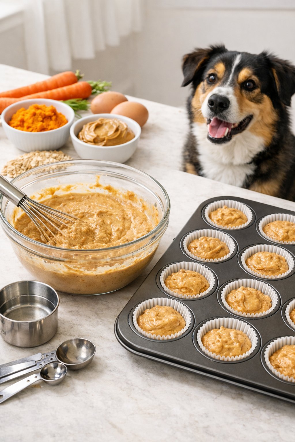 Dog Cupcake Recipe: Easy Homemade Treats Your Pup Will Love A dog watches as dog-friendly cupcake batter is prepared on a kitchen countertop with ingredients and baking tools nearby.