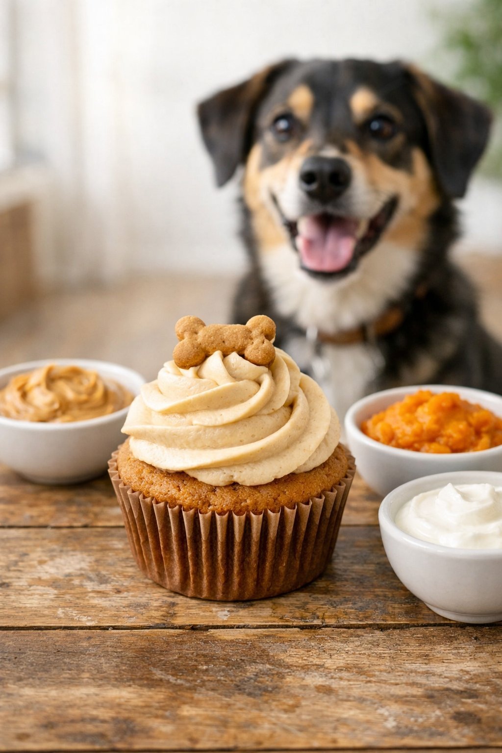 Dog Cupcake Recipe: Easy Homemade Treats Your Pup Will Love A dog-friendly cupcake with creamy frosting on a wooden table, surrounded by natural ingredients, with a happy dog looking at it in the background.