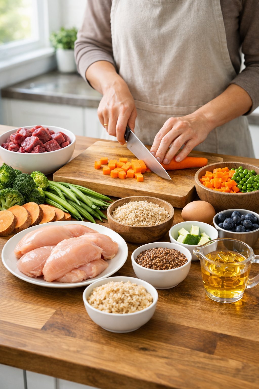 Fresh ingredients including meats, vegetables, and grains arranged on a kitchen counter being prepared for homemade dog food.