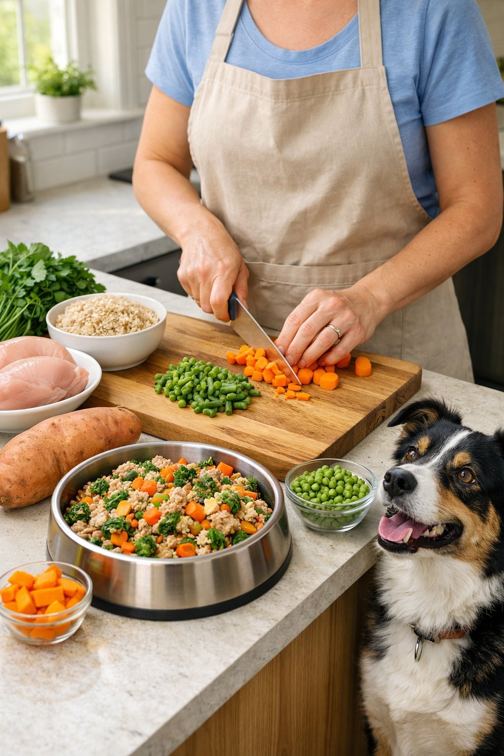 A person preparing homemade dog food in a kitchen with fresh ingredients while a dog watches nearby.
