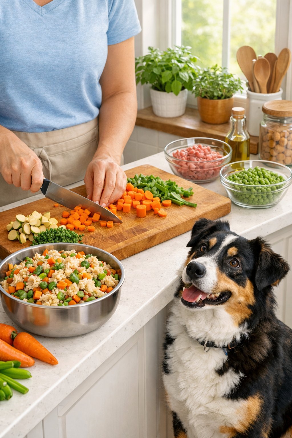 Person preparing homemade dog food in a kitchen while a dog watches nearby.