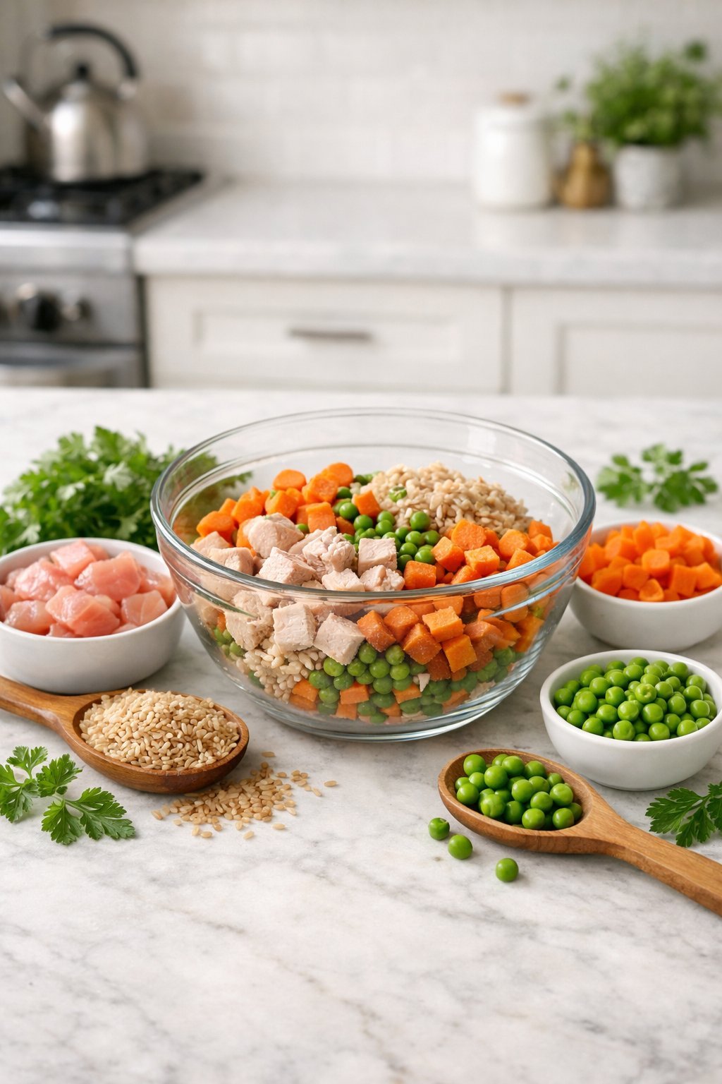 A kitchen countertop with fresh ingredients like chicken, carrots, peas, rice, and sweet potatoes prepared for making dog food.