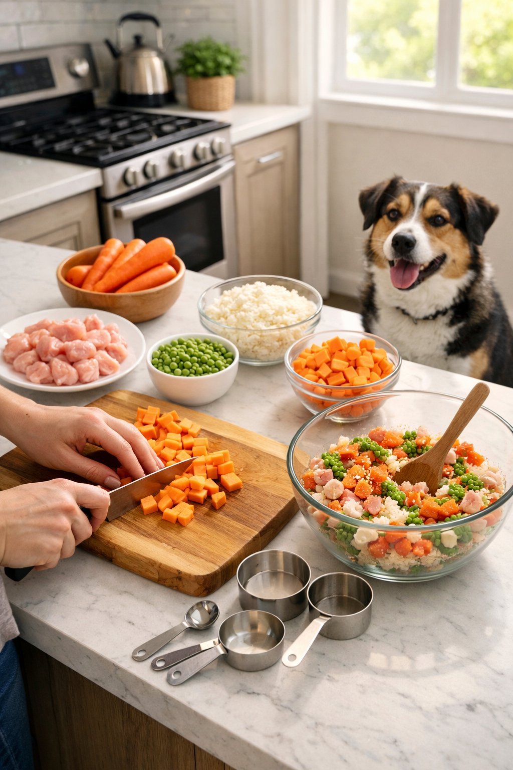 A person preparing homemade dog food in a kitchen with fresh ingredients and a dog watching nearby.