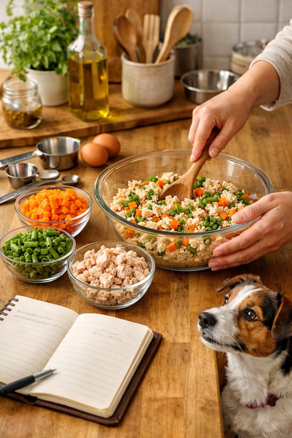 A person mixing fresh ingredients in a bowl on a kitchen counter with a small dog watching nearby.