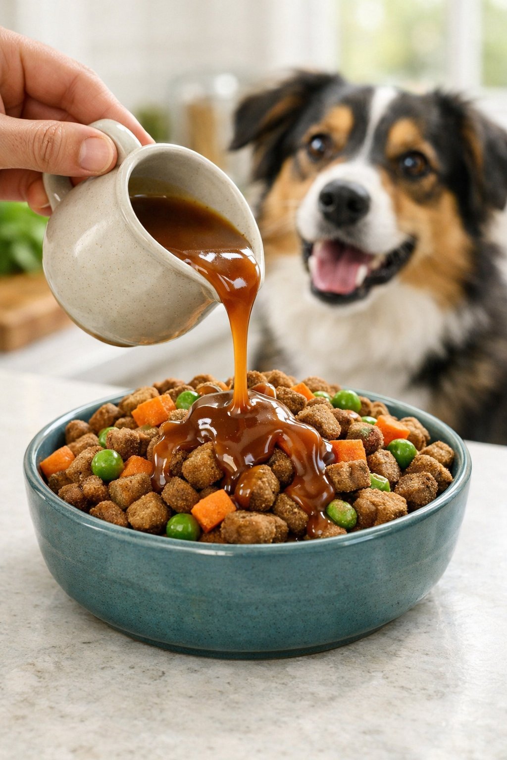 A bowl of dog food being topped with gravy while a dog watches nearby.