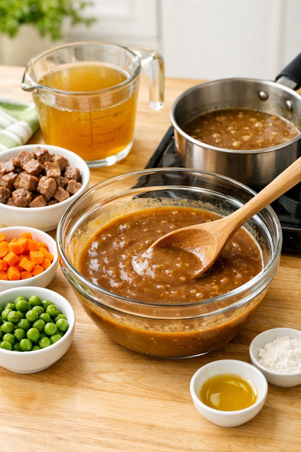 A kitchen countertop with ingredients and utensils used to prepare homemade dog gravy, including a bowl of gravy being stirred and fresh vegetables nearby.