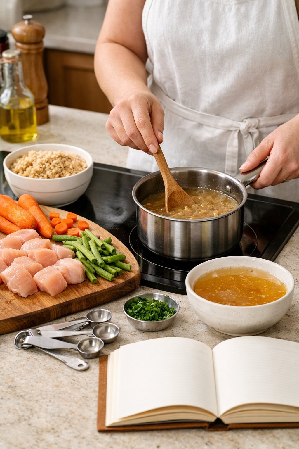 A person cooking homemade dog gravy in a kitchen with fresh ingredients and a pot on the stove.