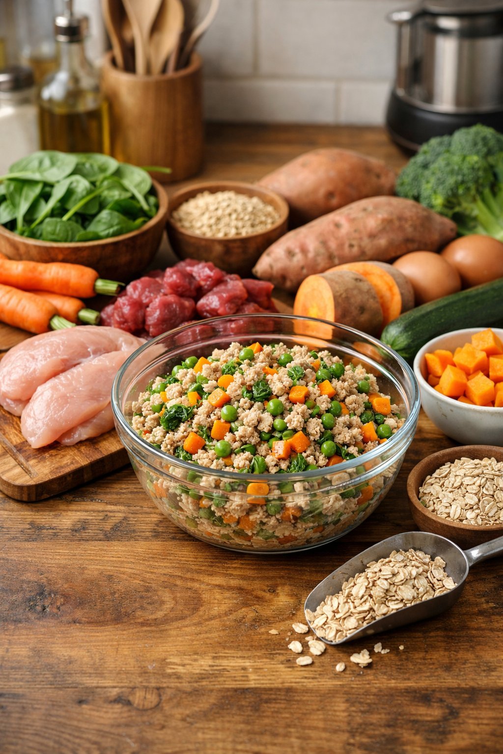Farmers Dog Copycat Recipe: Make Fresh Dog Food at Home A kitchen countertop with fresh meats, vegetables, grains, and a bowl of homemade dog food mixture.