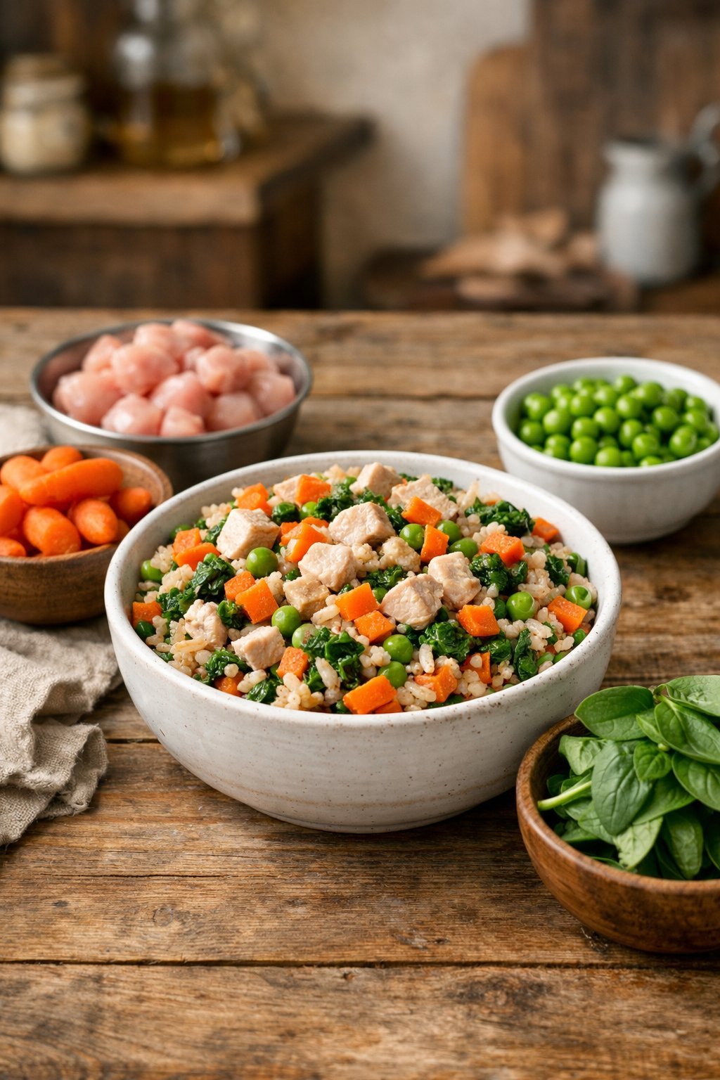 Farmers Dog Copycat Recipe: Make Fresh Dog Food at Home A bowl of balanced dog food with fresh ingredients on a wooden table in a farmhouse kitchen setting.