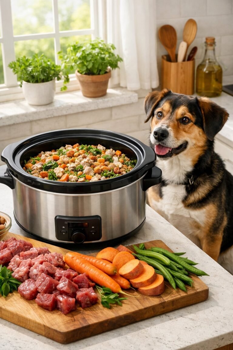 A crockpot filled with homemade dog food surrounded by fresh ingredients and a healthy dog sitting nearby in a bright kitchen.