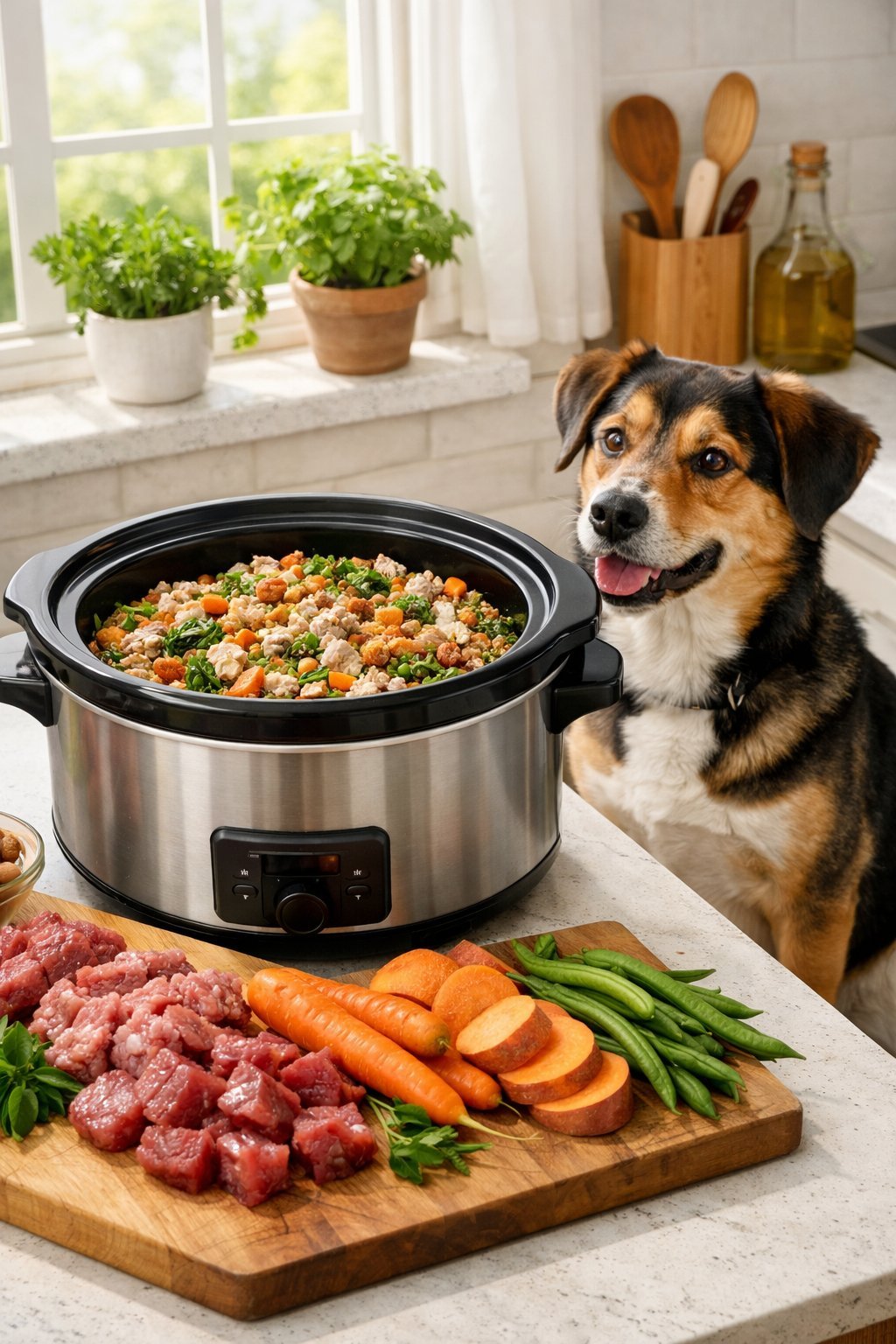 Crockpot Dog Food Recipes Vet Approved: Easy Homemade Meals Your Pup Will Love A crockpot filled with homemade dog food surrounded by fresh ingredients and a healthy dog sitting nearby in a bright kitchen.