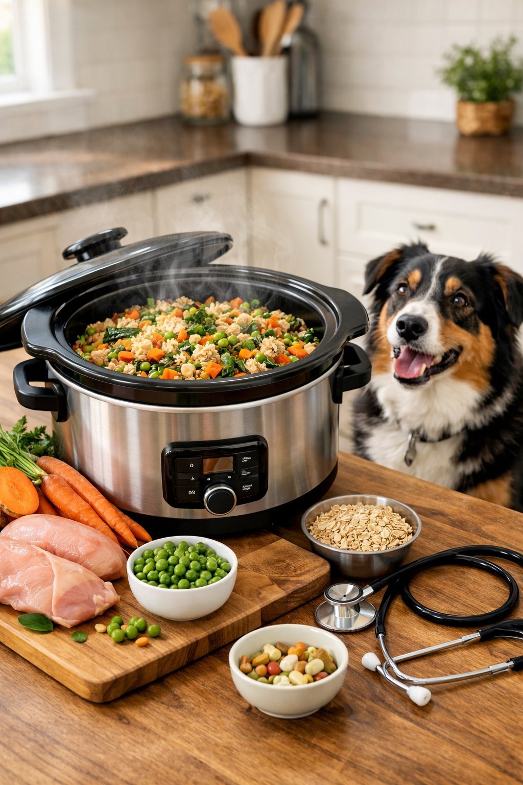 Crockpot Dog Food Recipes Vet Approved: Easy Homemade Meals Your Pup Will Love A kitchen scene showing a crockpot with freshly cooked dog food ingredients, fresh vegetables on a cutting board, and a happy dog sitting nearby.