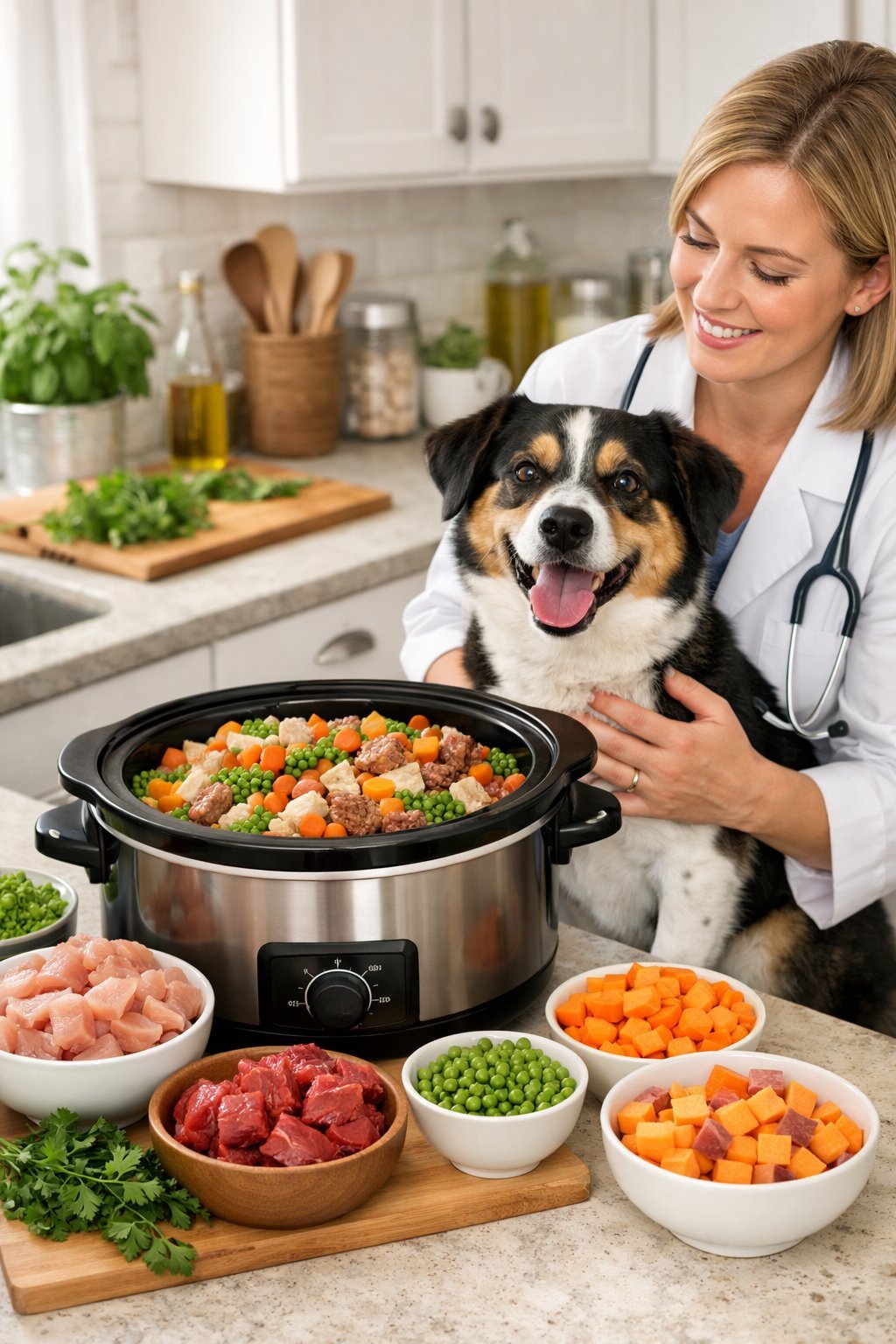 Crockpot Dog Food Recipes Vet Approved: Easy Homemade Meals Your Pup Will Love A veterinarian holding a happy dog in a kitchen with a crockpot and fresh ingredients for homemade dog food on the counter.