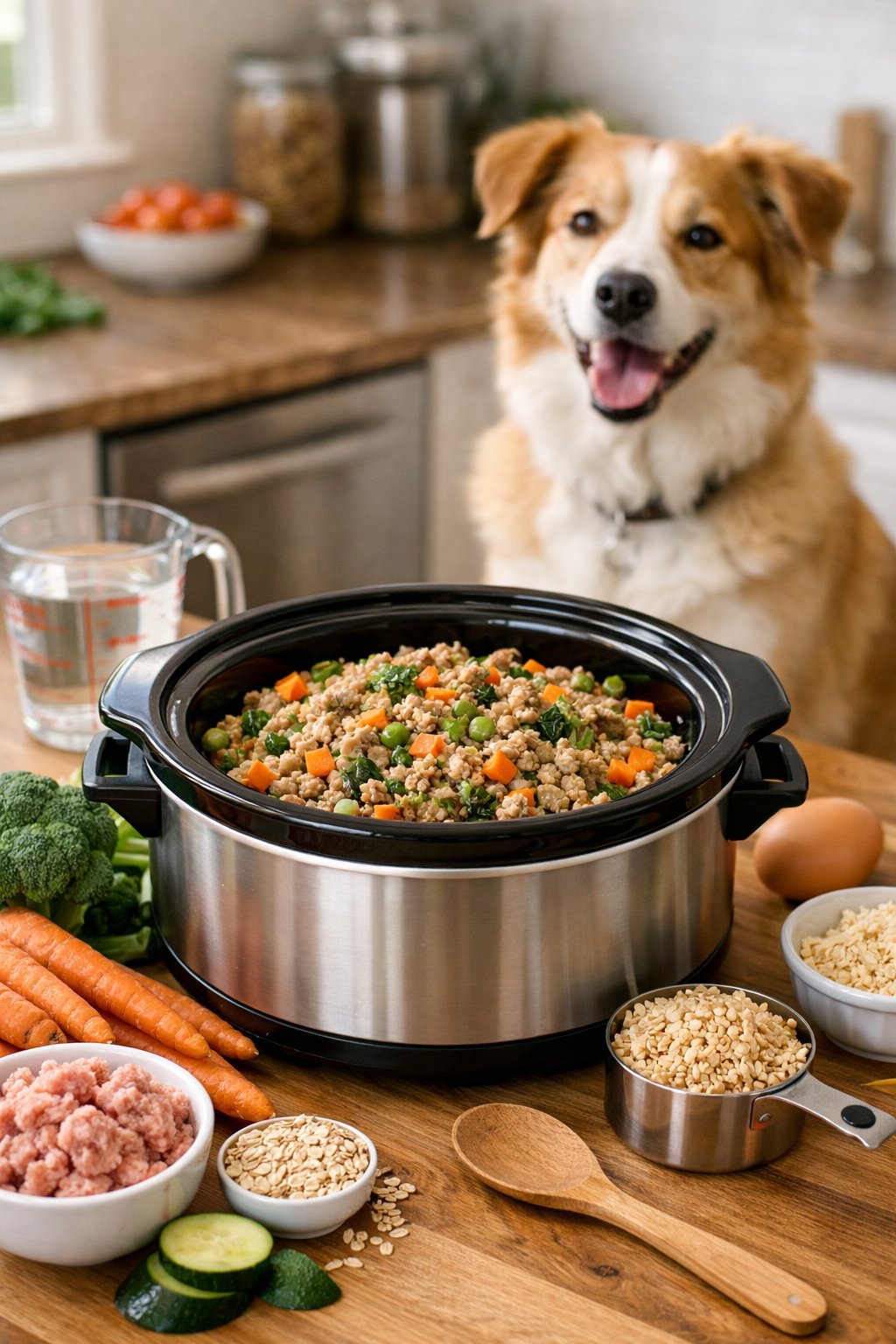 Crockpot Dog Food Recipes Vet Approved: Easy Homemade Meals Your Pup Will Love A kitchen countertop with a crockpot filled with homemade dog food, fresh vegetables nearby, and a happy dog sitting in the background.