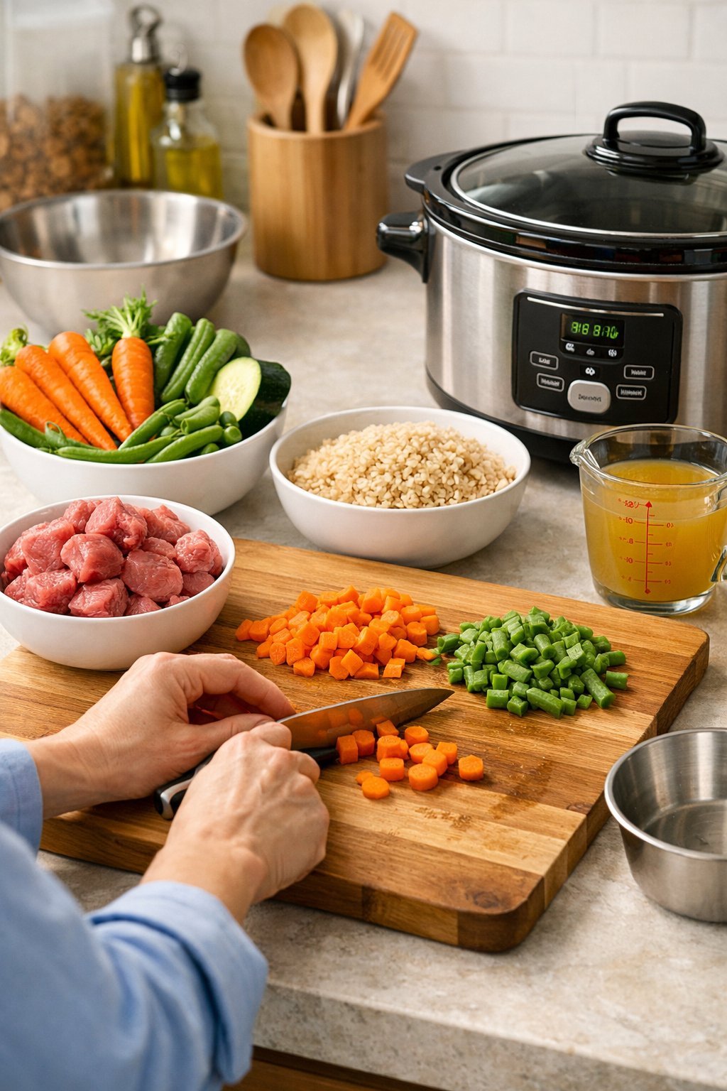 Crockpot Dog Food Recipes Vet Approved: Easy Homemade Meals Your Pup Will Love Hands preparing fresh ingredients next to a crockpot on a kitchen countertop.