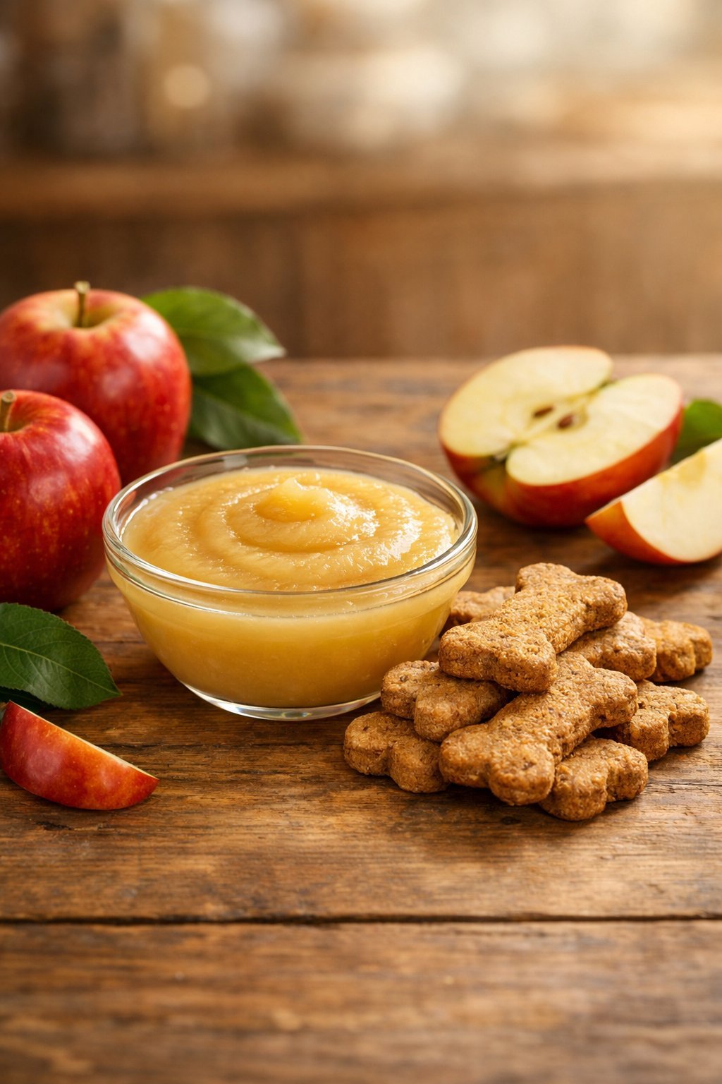 A bowl of applesauce next to bone-shaped dog treats on a wooden table with fresh apples around them.