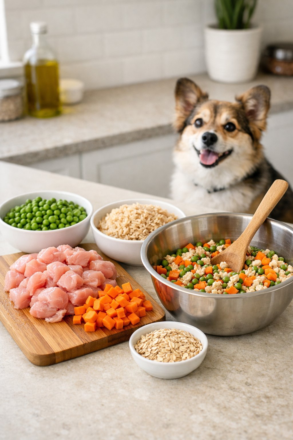 A kitchen countertop with fresh chicken, vegetables, and rice prepared for dog food, with a dog sitting and watching nearby.