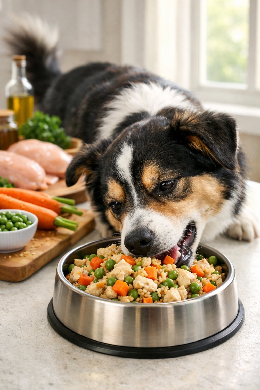 A happy dog eating homemade chicken dog food from a bowl on a kitchen countertop with fresh ingredients nearby.
