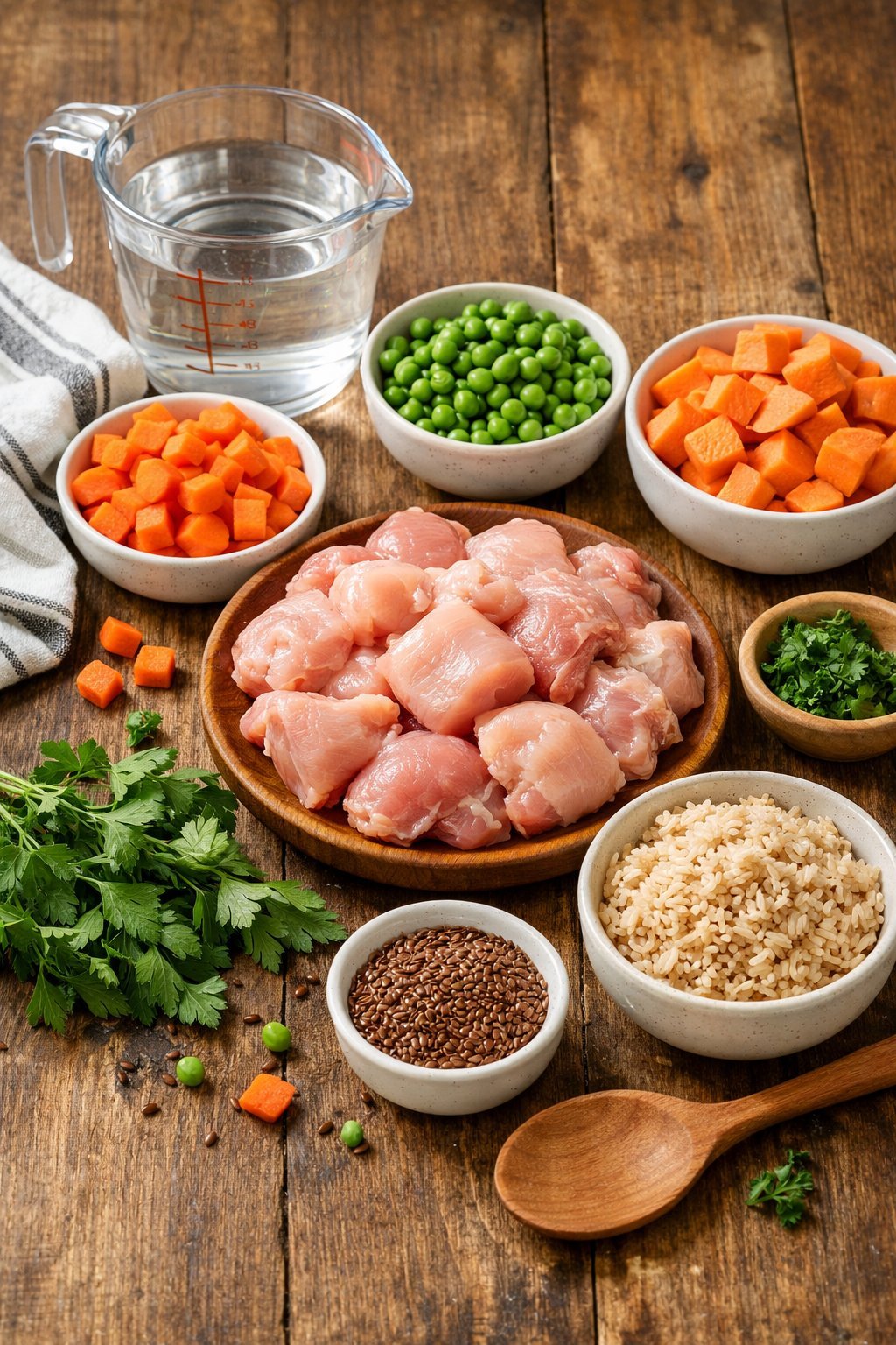 Fresh ingredients including raw chicken, carrots, peas, sweet potatoes, brown rice, and parsley arranged on a wooden table with kitchen utensils.
