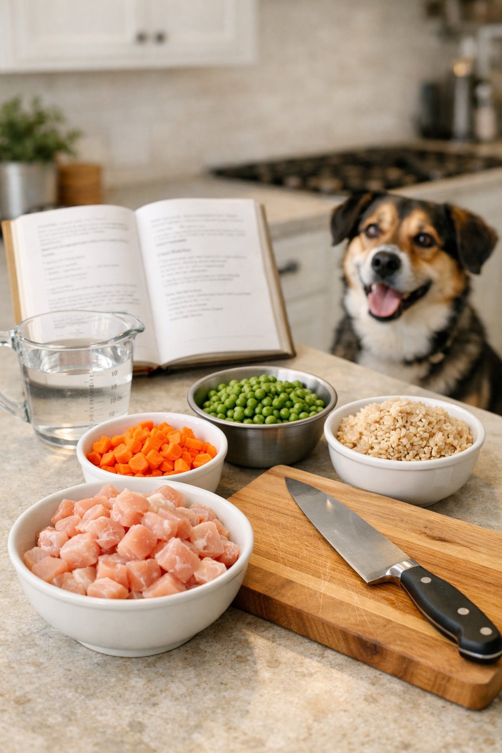 A kitchen countertop with fresh ingredients for chicken dog food and a dog sitting nearby watching.
