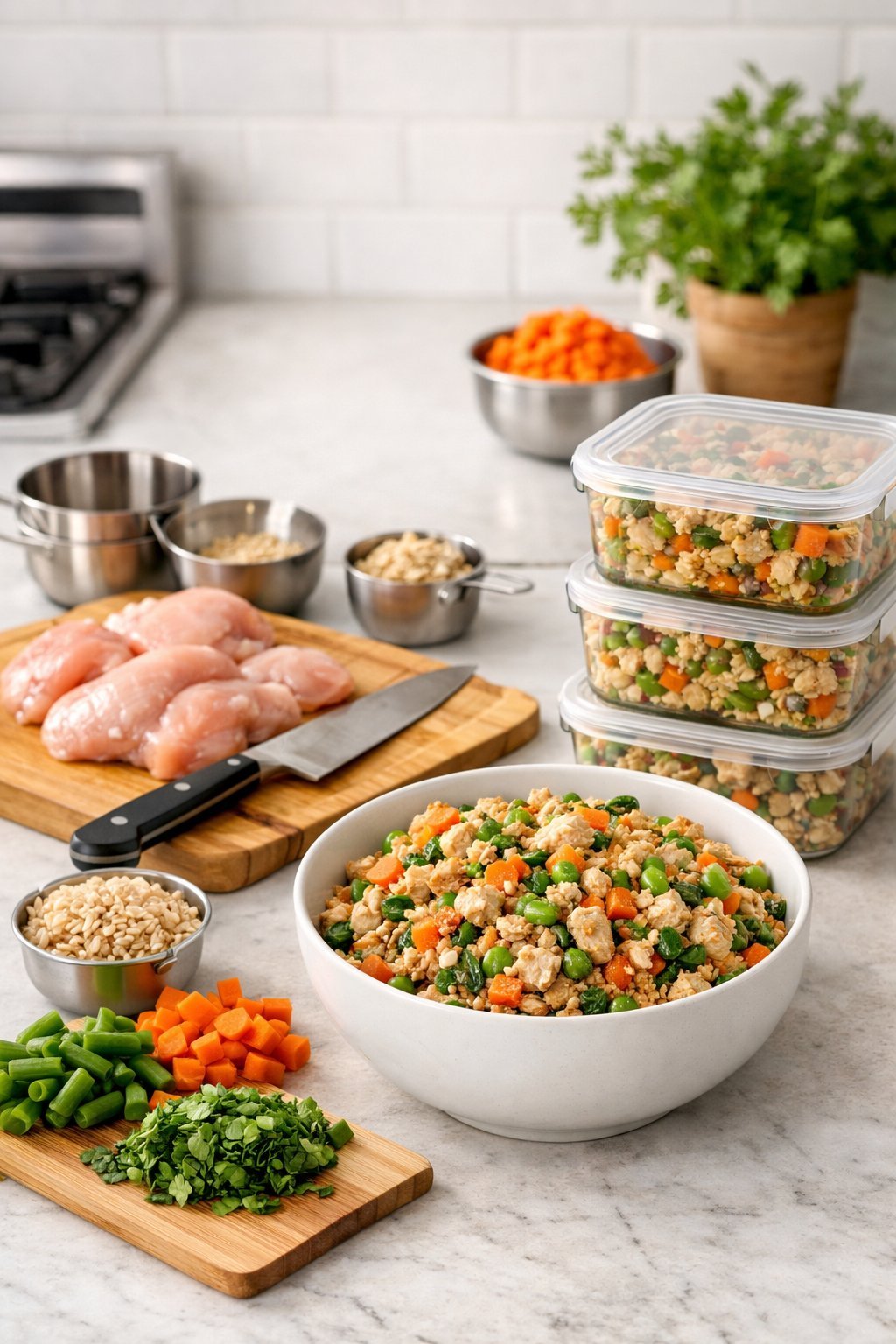 A kitchen countertop with fresh chicken, chopped vegetables, a bowl of mixed dog food ingredients, and glass containers filled with homemade dog food ready for storage.