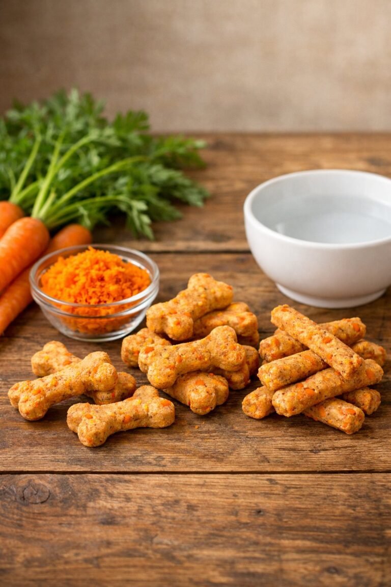 A wooden table with carrot dog treats shaped like bones, fresh carrots, a bowl of grated carrot, and a bowl of water.