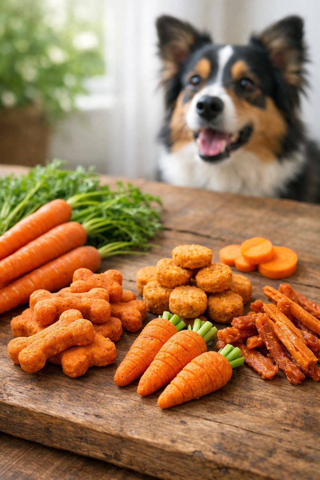Carrot Dog Treats: A Healthy and Delicious Homemade Snack Your Pup Will Love A happy dog looking at carrot-shaped dog treats arranged on a wooden surface with fresh carrots nearby.