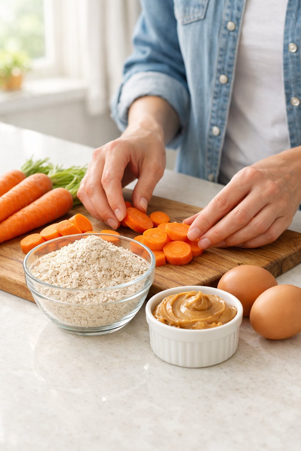 Carrot Dog Treats: A Healthy and Delicious Homemade Snack Your Pup Will Love A kitchen countertop with fresh carrots, oat flour, peanut butter, and eggs arranged for making dog treats, with hands selecting ingredients.