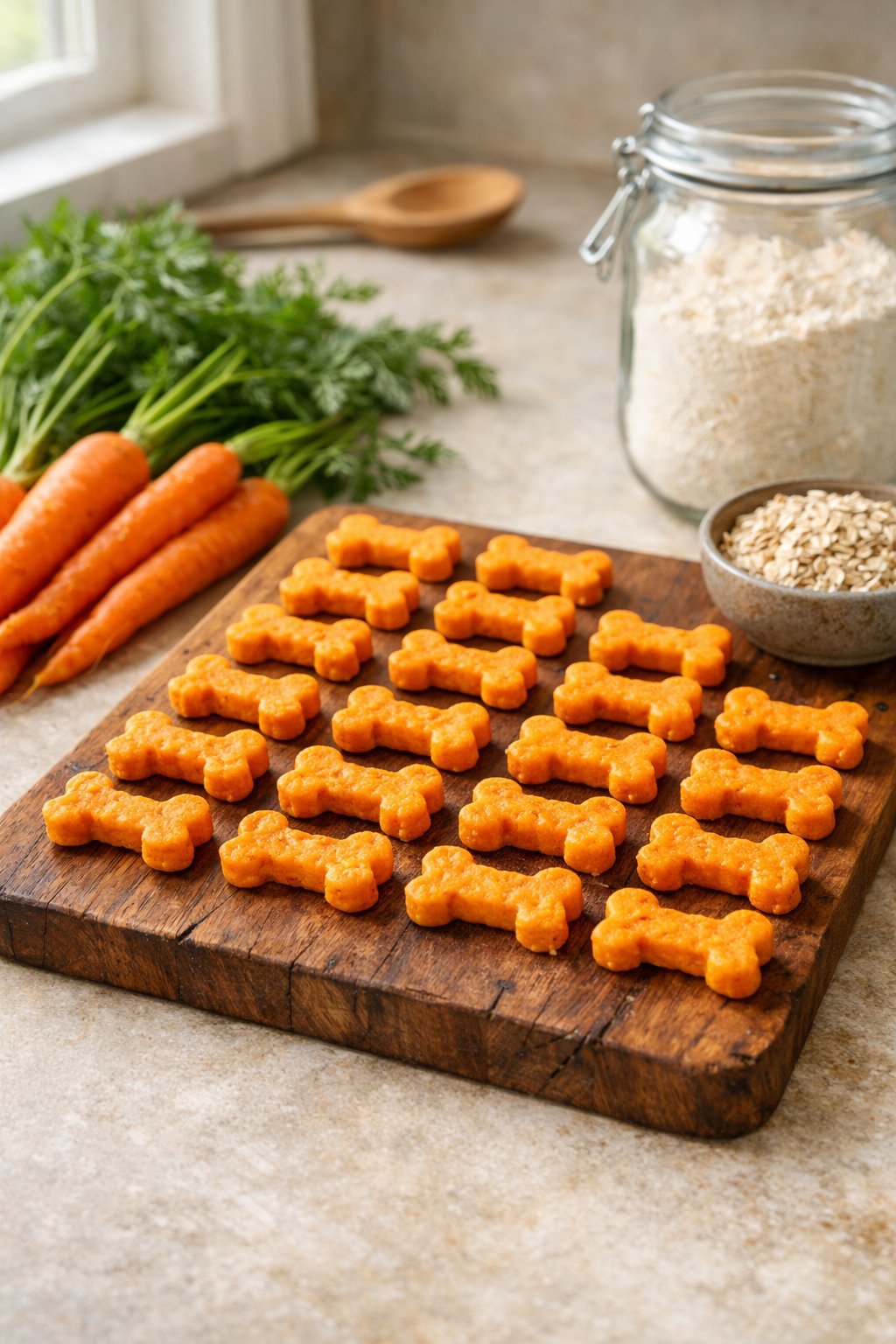 Carrot Dog Treats: A Healthy and Delicious Homemade Snack Your Pup Will Love Freshly made carrot dog treats shaped like bones on a wooden board surrounded by carrots and baking ingredients in a kitchen.