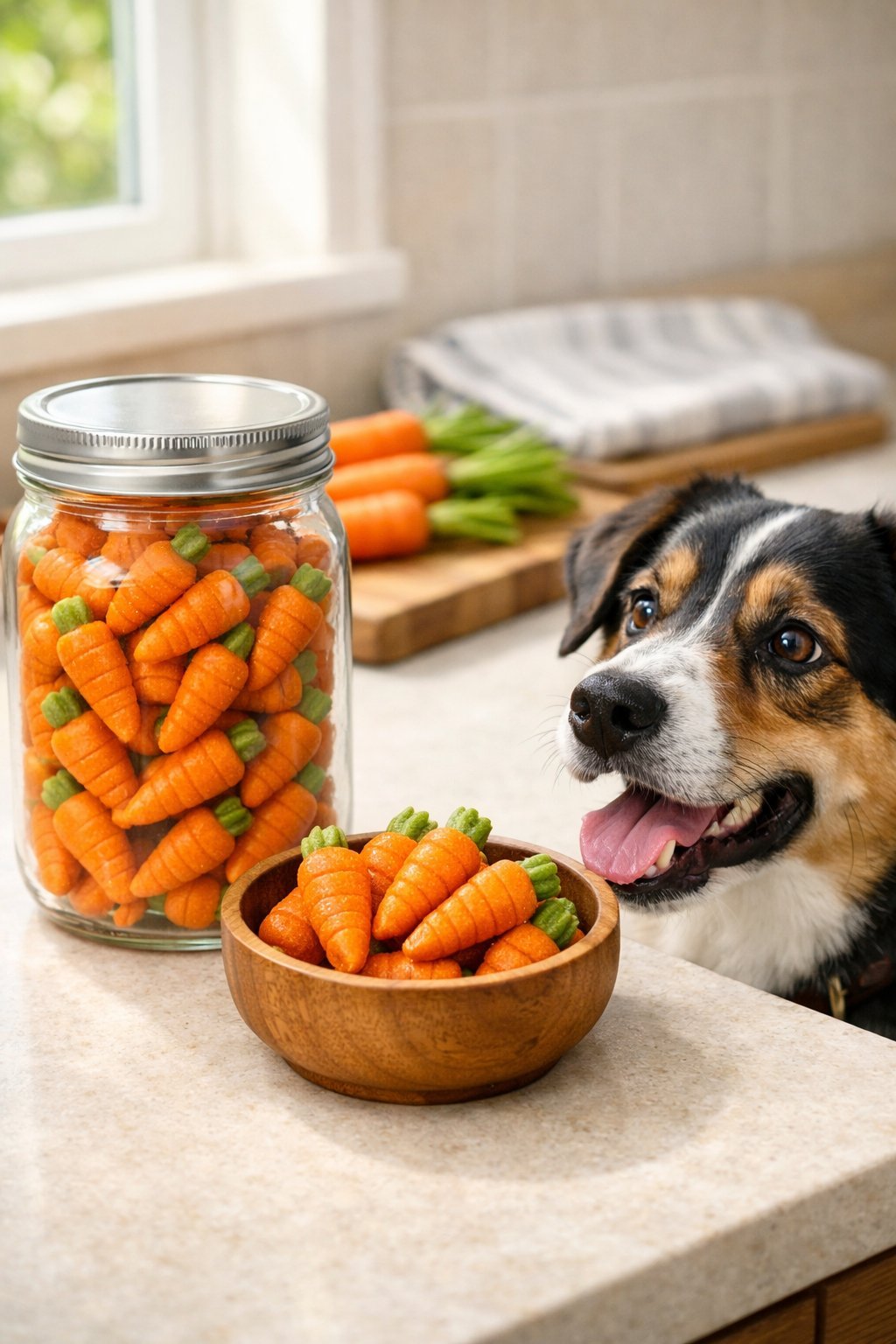 Carrot Dog Treats: A Healthy and Delicious Homemade Snack Your Pup Will Love A dog looks eagerly at a bowl of carrot-shaped dog treats next to a jar of treats on a kitchen countertop.