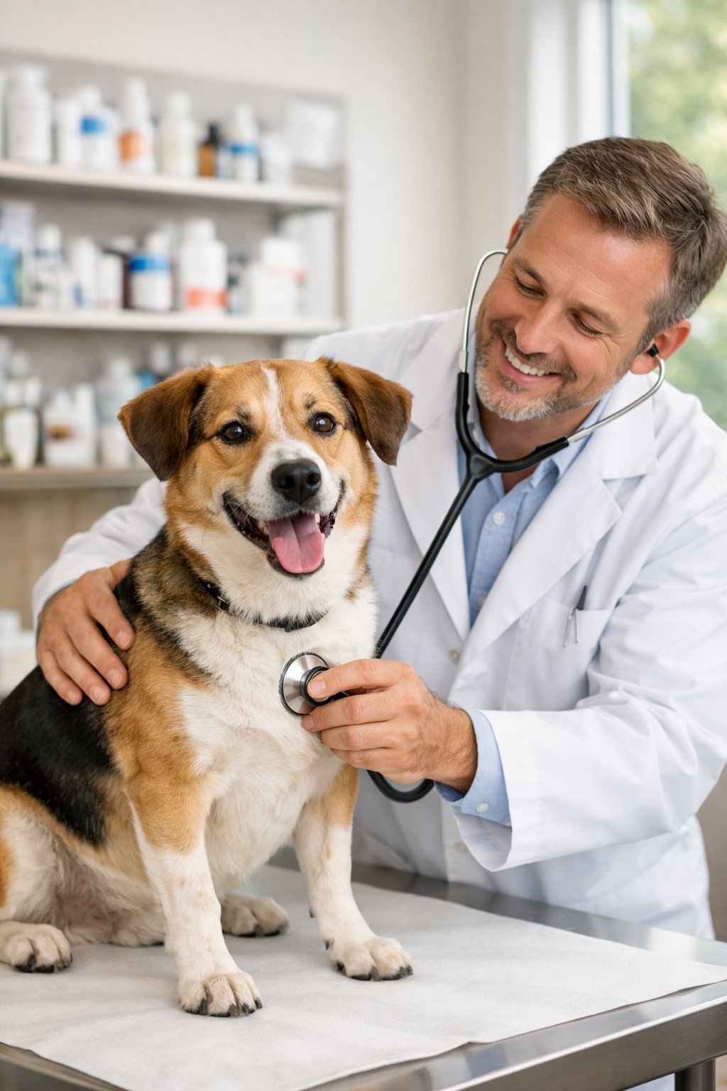 A veterinarian gently examining a calm dog on an examination table in a veterinary clinic.