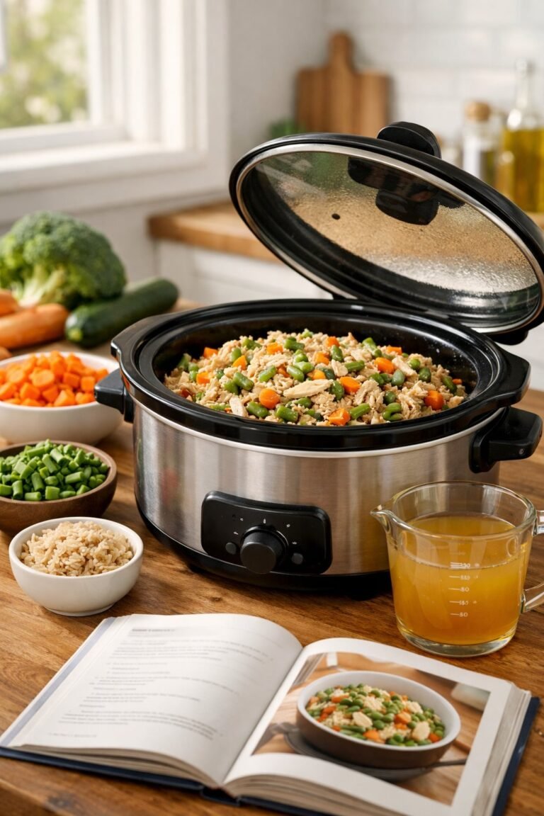 A slow cooker filled with homemade dog food ingredients on a kitchen countertop surrounded by fresh vegetables and cooking utensils.