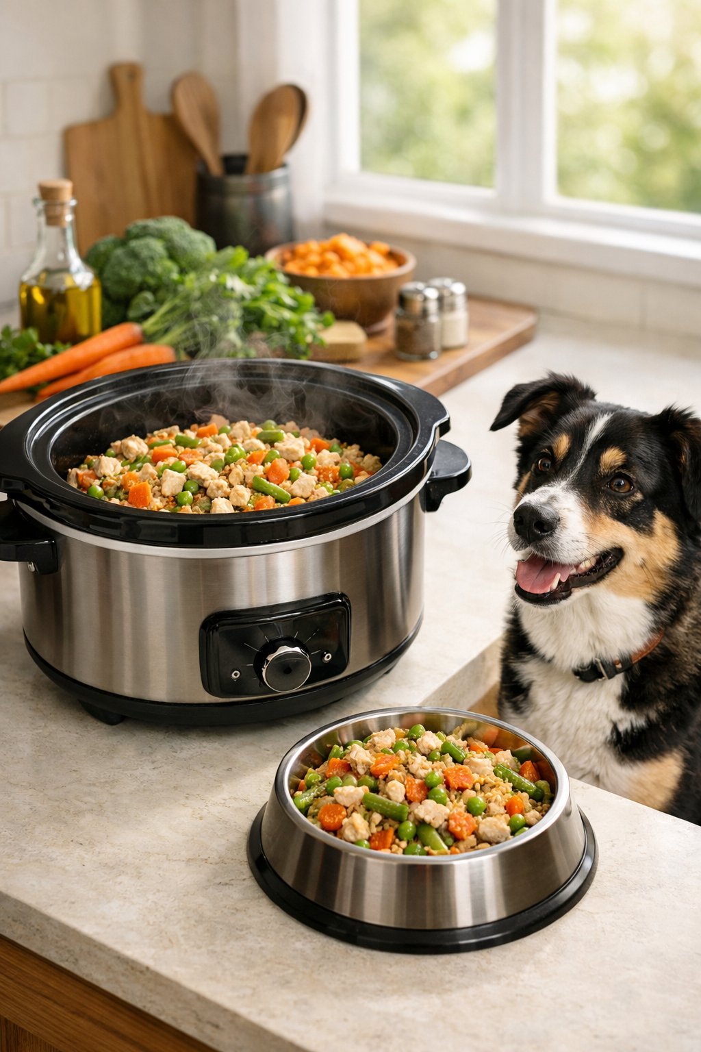 A crockpot on a kitchen counter with fresh ingredients cooking inside, and a healthy dog sitting nearby looking at the food.