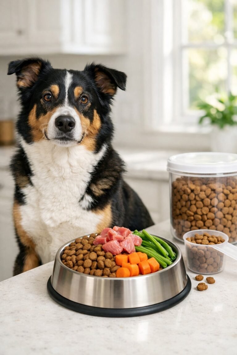 A healthy adult dog sitting next to a bowl of balanced dog food in a bright kitchen.