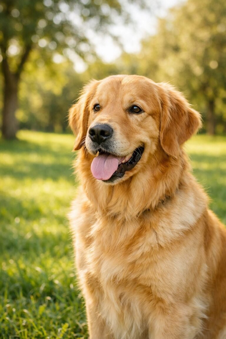 A golden retriever sitting in a sunlit park with green grass and trees in the background.