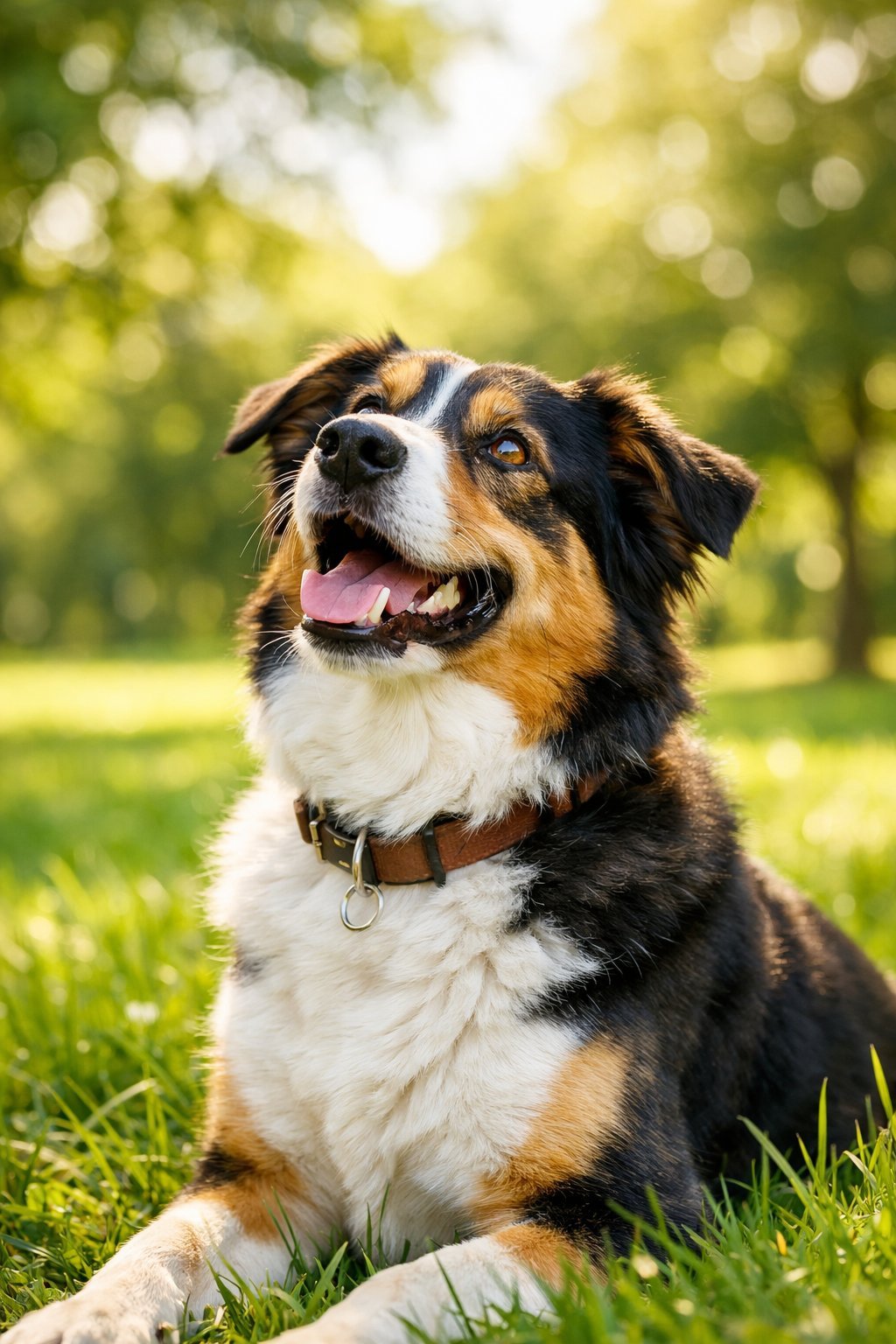 A happy dog sitting outdoors on green grass, looking up with a loving expression.