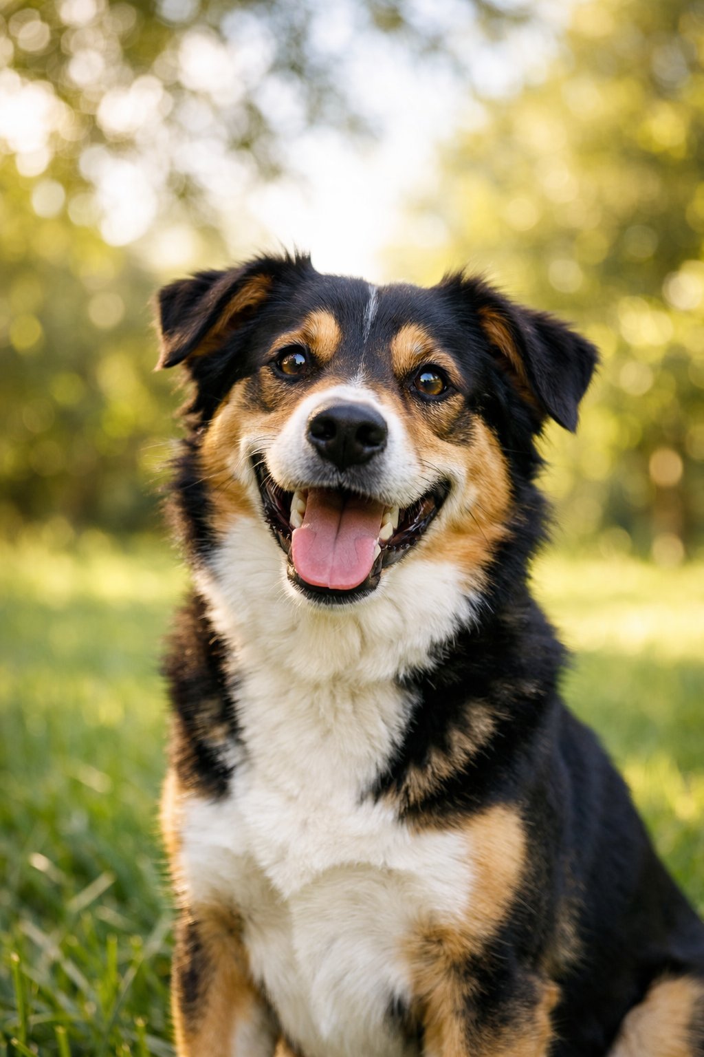 A happy dog sitting on green grass outdoors, looking playfully at the camera.