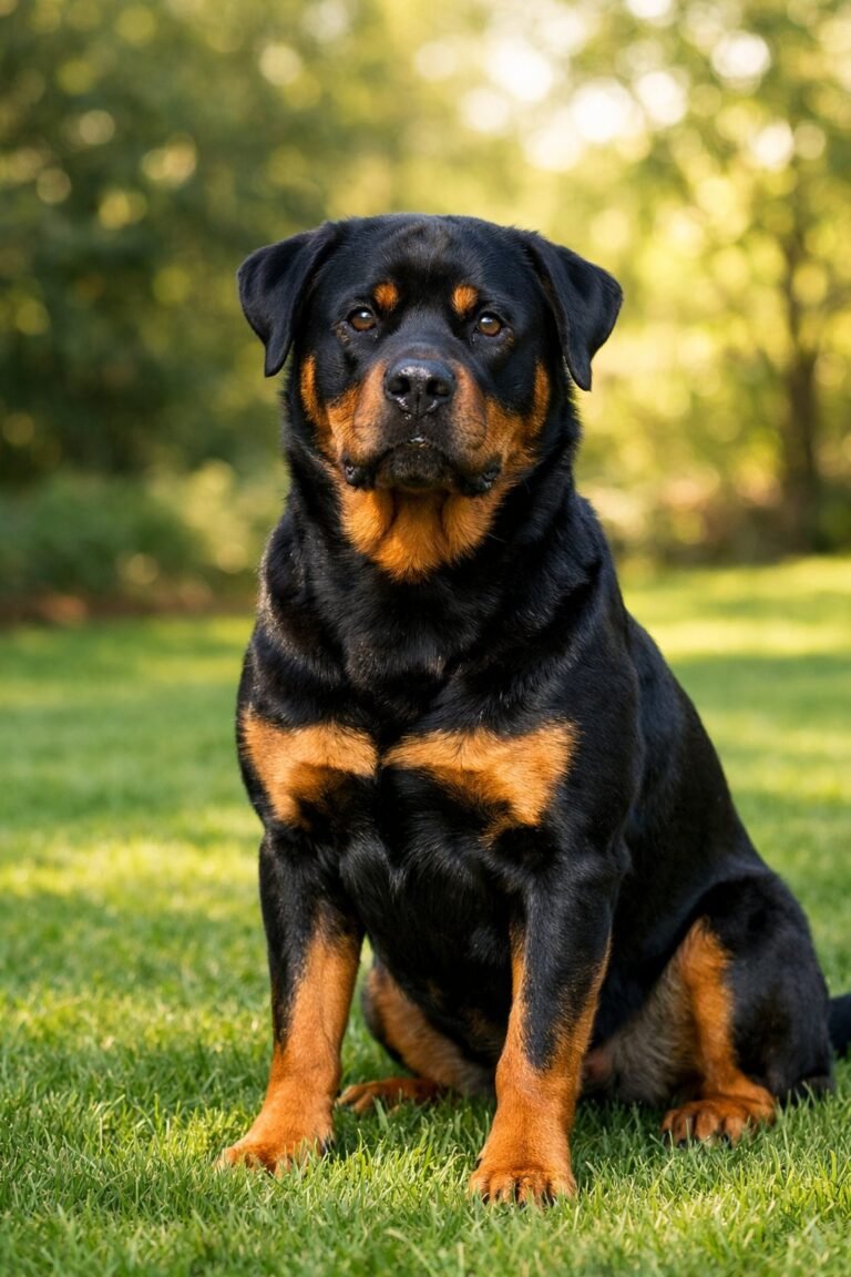 A Rottweiler dog sitting on green grass looking at the camera with trees in the background.