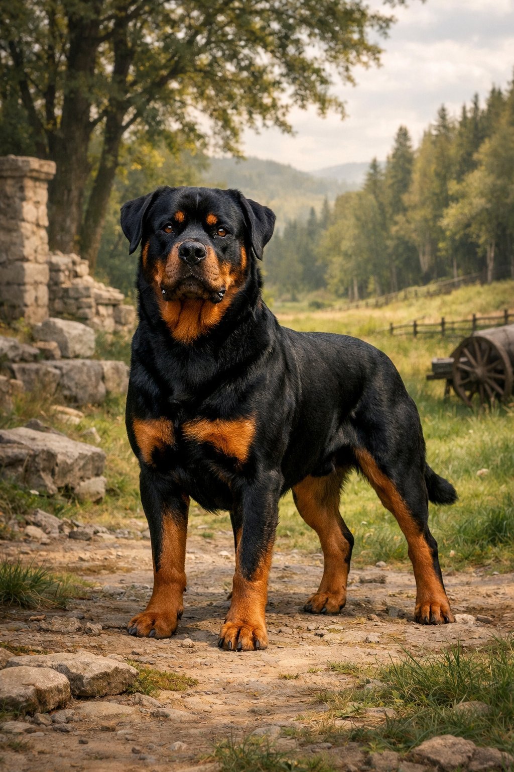 A Rottweiler dog standing in a green meadow with trees in the background.