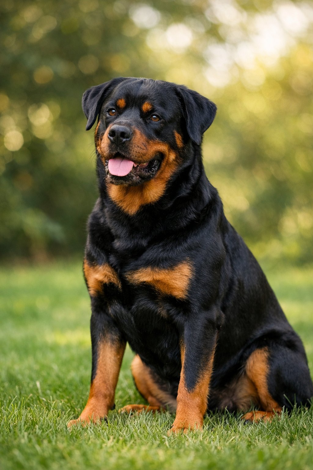 An adult Rottweiler dog sitting on grass outdoors, looking calm and alert with greenery in the background.