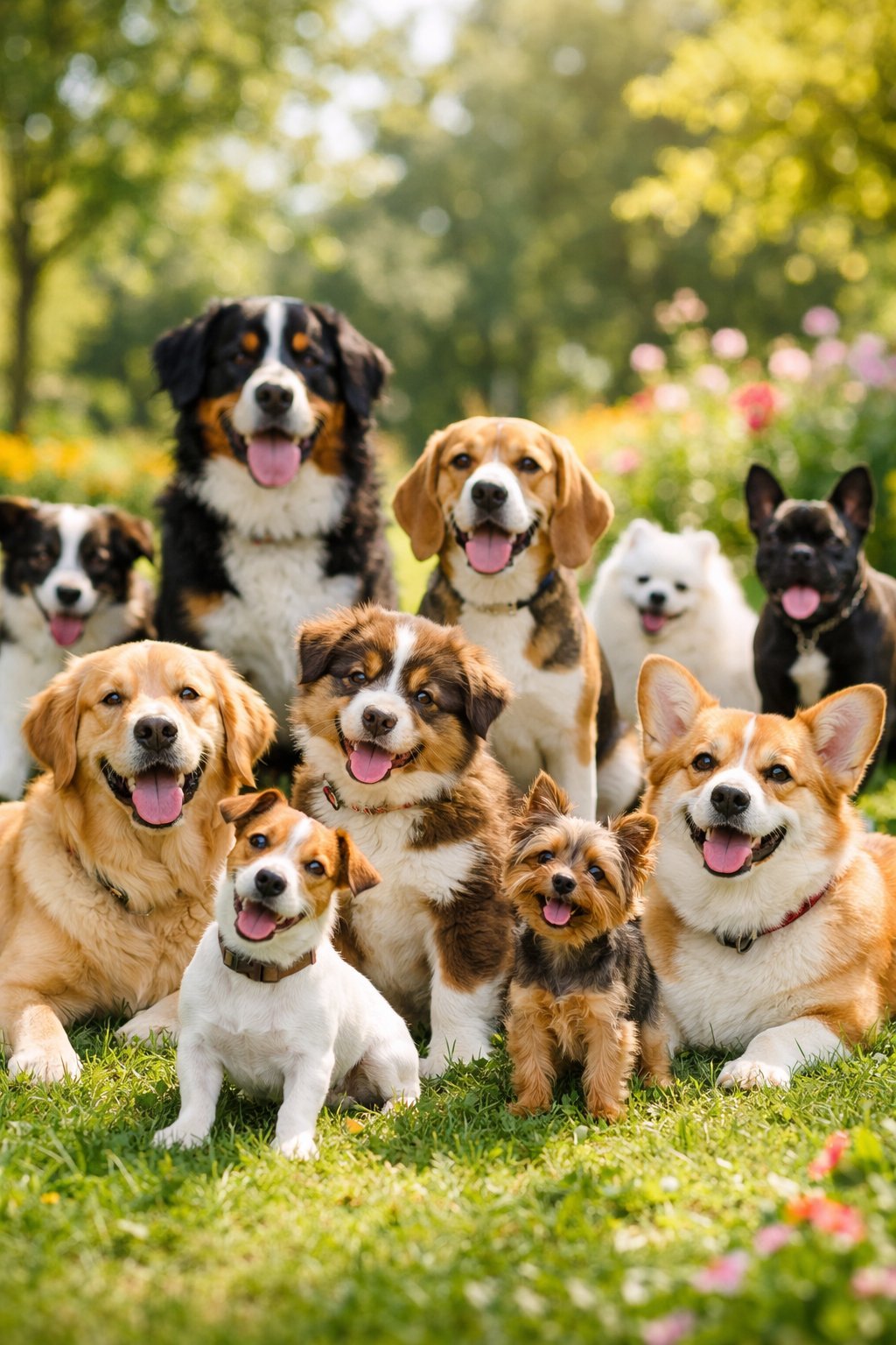 A group of happy dogs of various breeds playing together in a sunny park with green grass and flowers.