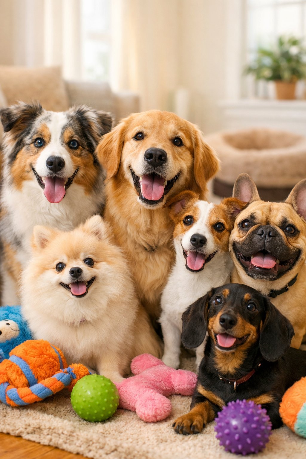 Several cute dogs of different breeds and sizes sitting and playing together in a bright indoor space with dog toys around them.